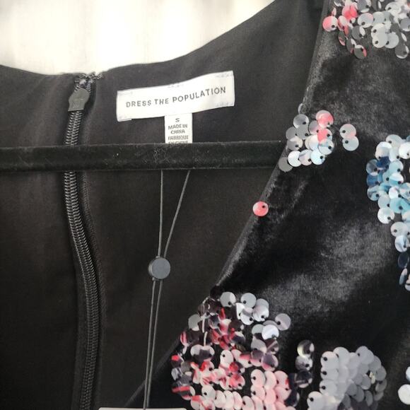 DRESS the POPULATION Women's S Allison Black Velvet Dress Sequins Midi NWT - Picture 3 of 11